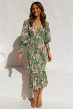 Load image into Gallery viewer, Spring Summer Office Women Elastic Waist Long Sleeve V neck Printed Flounced Dress