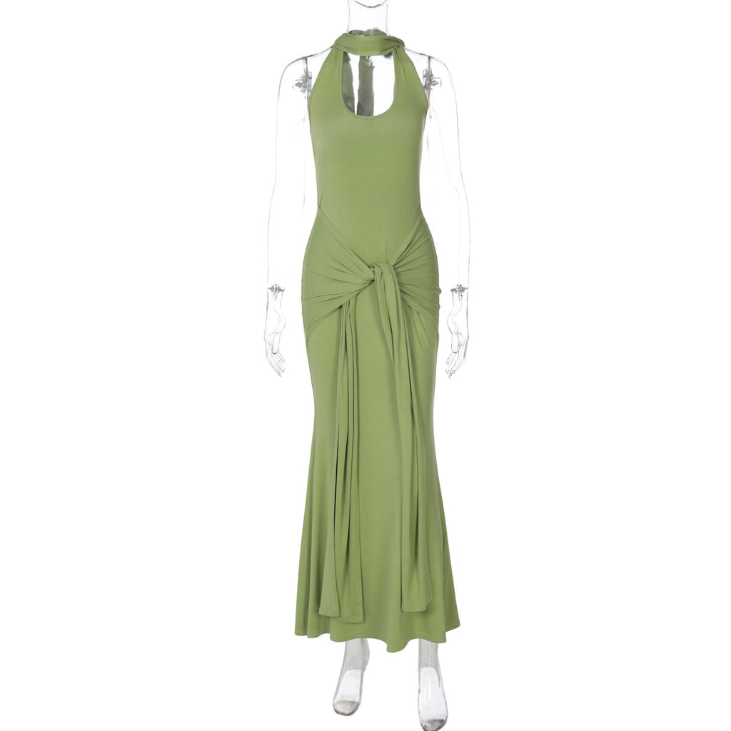 Cinched Patchwork Streamer Solid Color Wild Long Halter Backless Dress Women Clothing
