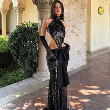 Load image into Gallery viewer, Autumn Winter Sexy Backless Hollow Out Cutout out Stitching Maxi Dress Elegant Sequ Dress