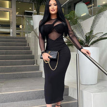 Load image into Gallery viewer, Women Clothing round Neck Mesh Stitching Long Sleeves Mid Length Tight Dress