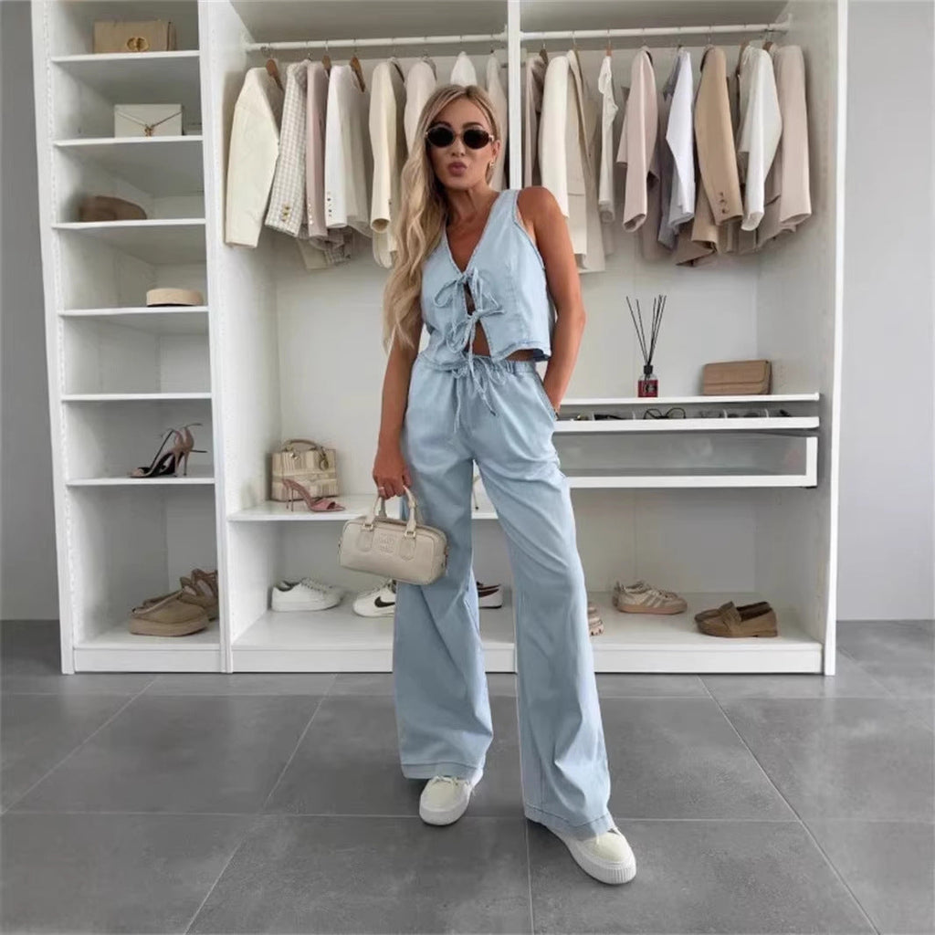 Women Spring Summer Sleeveless Lace up Vest Lace up Wide Leg Jeans Denim Set