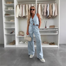 Load image into Gallery viewer, Women Spring Summer Sleeveless Lace up Vest Lace up Wide Leg Jeans Denim Set