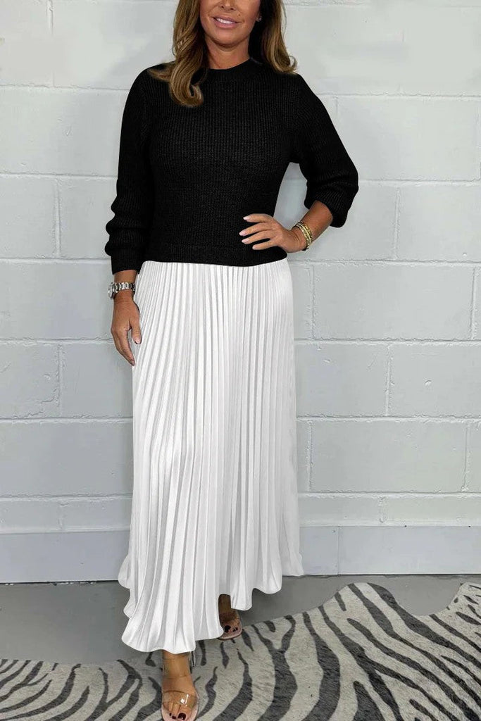 New Autumn Winter Women round Neck Top Sunken Stripe Pleated Dress