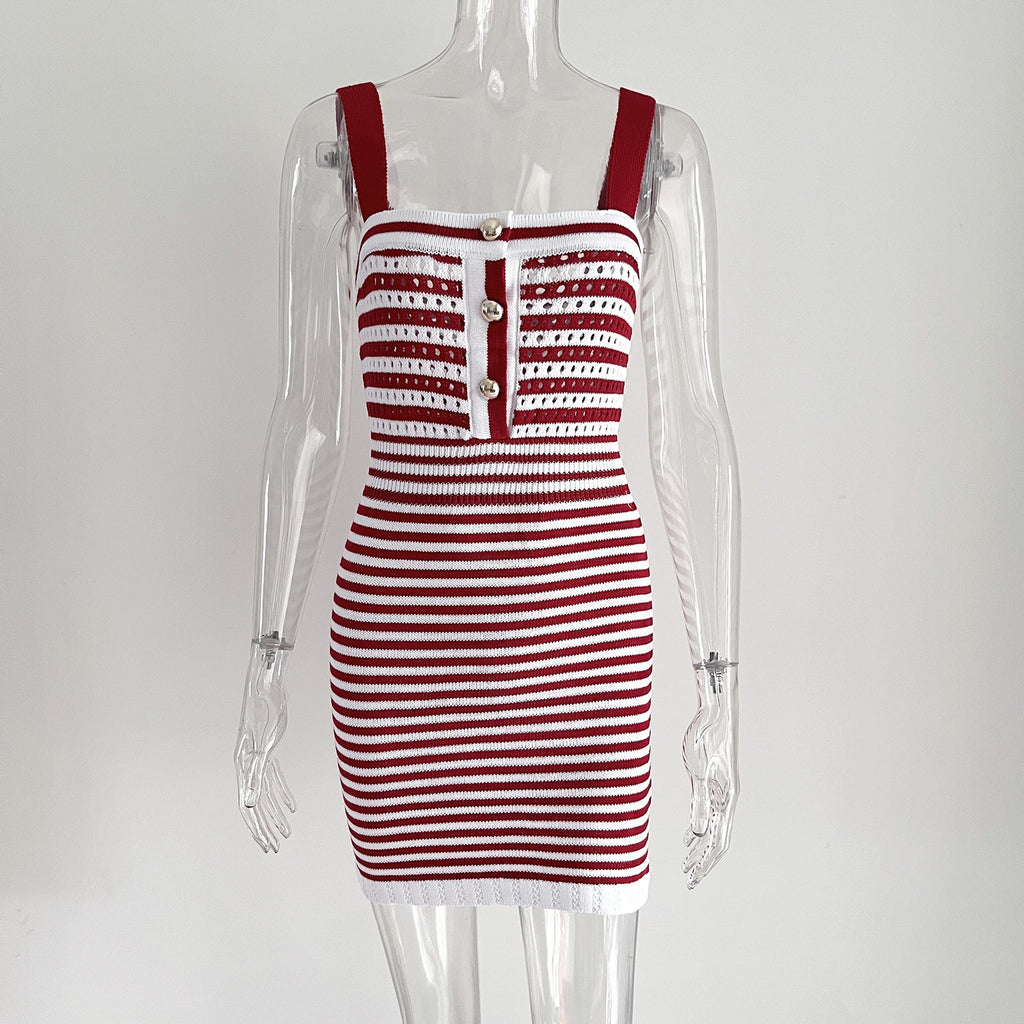 Button Hollow Out Cutout out Striped Spaghetti Straps Woolen Women Short Knitted Dress Summer Women Clothing