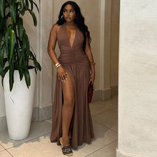 Load image into Gallery viewer, Women Clothing Solid Color Dress Sexy Sleeveless Deep V Plunge Neck Split Casual Waist Controlled Dress