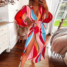 Load image into Gallery viewer, Women Clothing Autumn Sexy Slit Lace up Waist Controlled V neck Shirt Elegant Dress Women