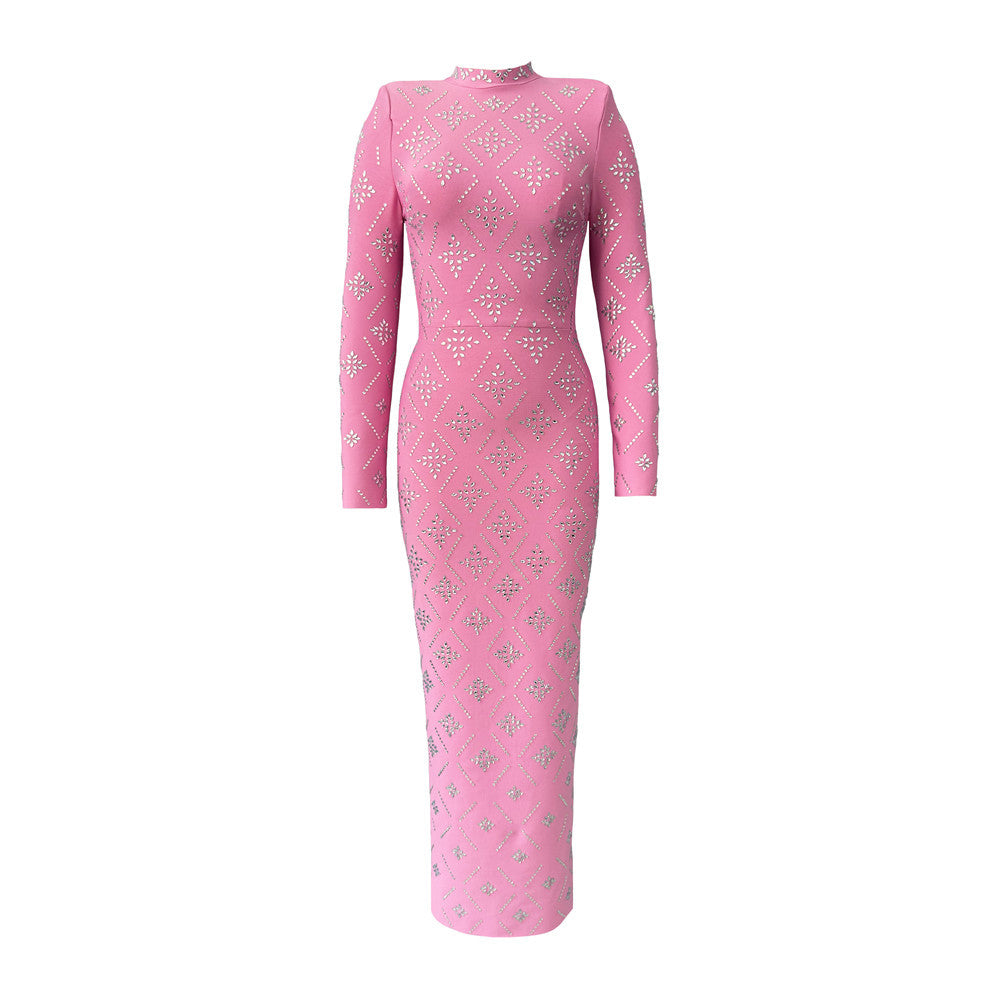 Long Sleeve Slim Heavy Embroidery Drilling Bandage One Piece Dress The Dinner Party Formal Dress