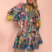 Load image into Gallery viewer, Autumn Winter Long Sleeve Printed Lace up Cotton Linen Pleated Dress for Women Amplified craft