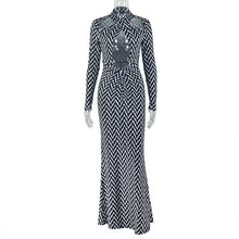 Load image into Gallery viewer, Women Hollow Out Cutout Design Striped Hip Dress Hanging Collar Long Sleeve Printed Dress