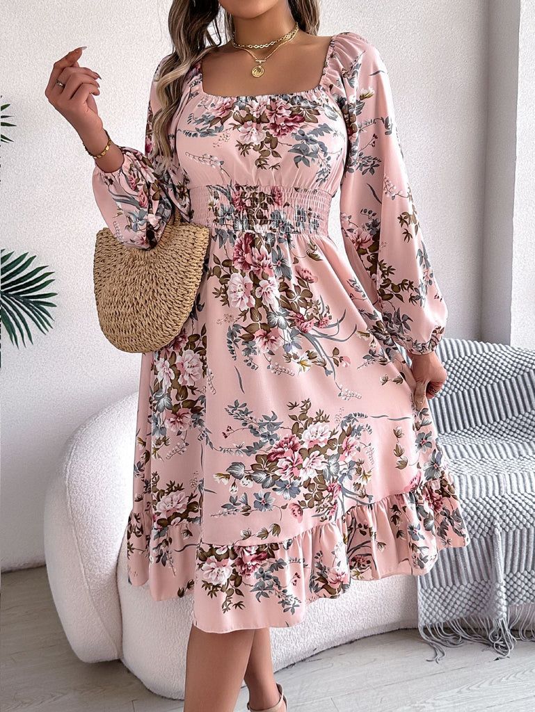 Spring Summer Elegant Floral Square Collar Long Sleeve Waist Trimming Ruffles A line Women Clothing