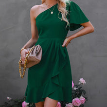 Load image into Gallery viewer, Dress Summer Solid Color Single Side Sleeve Off Shoulder Ruffled Solid Color High Waist Off Shoulder Midi Dress