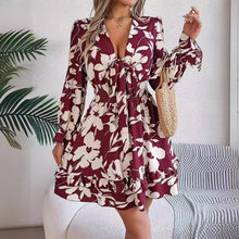 Load image into Gallery viewer, Autumn Winter Casual Floral Lace up Long Sleeve Wooden Ear A line Women Clothing