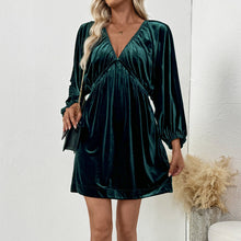 Load image into Gallery viewer, Autumn Winter Elegant Christmas Retro Lantern Sleeve Pleating Deep V Plunge V Neck Velvet Dress Women