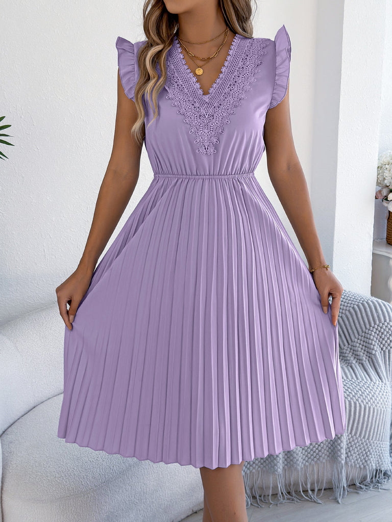 Women Clothing Spring Summer Casual Lace V neck Wooden Ear Cinched Pleated Dress