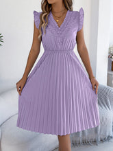 Load image into Gallery viewer, Women Clothing Spring Summer Casual Lace V neck Wooden Ear Cinched Pleated Dress