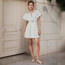 Load image into Gallery viewer, Holiday Striped Lace up Dress Polo Collar Casual Short Sleeve Cross Hollow Out Cutout Short Dress