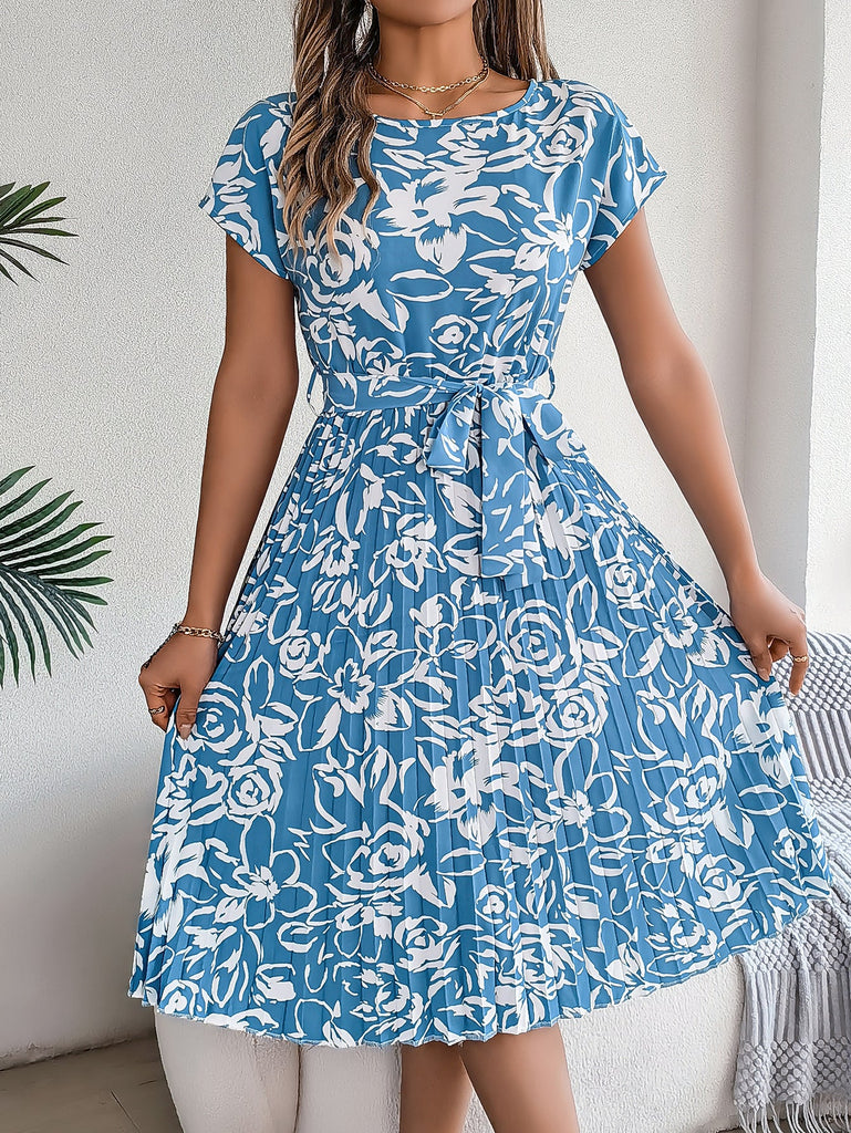 Spring Summer Elegant Floral Short Sleeve Large Hem Pleated Dress Women Clothing