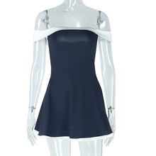 Load image into Gallery viewer, Women Clothing Black White Color Matching Fresh Backless High Waisted off Neck Raglan Sleeve Short Dress