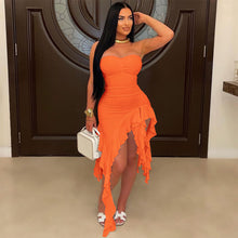 Load image into Gallery viewer, Tube Top Irregular Asymmetric Dress Solid Color Ruffles Dress Women Sheath