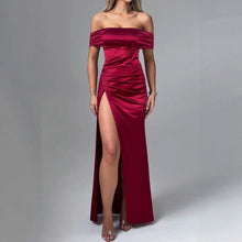 Load image into Gallery viewer, Women Dress Sexy High Split off Neck Slimming Elegant Pleated High Grade Dress