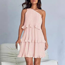 Load image into Gallery viewer, Spring Summer Women Clothing Oblique Shoulder Layered Stitching Hem Solid Color Dress Women