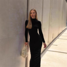 Load image into Gallery viewer, Autumn Elegant Socialite Private Clothing Stand Collar Long Sleeve Waisted Slim Fit Package Hip Pleated Niche Dress