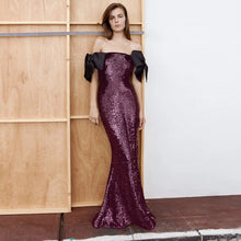 Load image into Gallery viewer, Coffee Color Colorful Sequin Long Evening Dress off Shoulder Black Bow Cocktail Fishtail Dress
