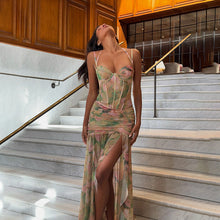 Load image into Gallery viewer, Women Clothing Summer Sexy Spaghetti Strap Floral Print Vacation Beach High Waist Slimming Slit Dress Women