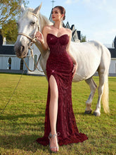 Load image into Gallery viewer, Lace Sequined Hollow Out Cutout out Tube Top Evening Dress Slim Fit Slim Tall Looking Slit Design Cocktail Dress