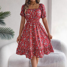 Load image into Gallery viewer, Spring Summer Floral Square Collar Short Sleeve Waist Controlled Ruffled A line Women Clothing