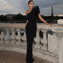 Load image into Gallery viewer, Dress Elegant Noble Solid Color Shoulder Stitching Feather Slim Slimming Long Evening Dress for Women