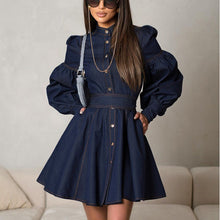 Load image into Gallery viewer, Denim Shirt Dress Niche Design Lantern Sleeve Lace up Graceful Fashionable Dress