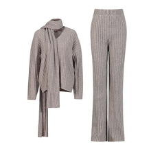 Load image into Gallery viewer, Women Autumn Winter High Grade Elegant Knitted Two Piece Scarf Design Loose Wide Leg Pants Set
