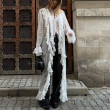 Load image into Gallery viewer, Women Clothing Design Ruffled Chiffon Dress Sexy Sheer Long Sleeve Single Breasted Sexy Dress