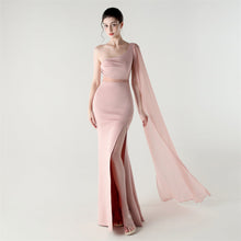 Load image into Gallery viewer, Single Shoulder Crossbody Stitching Mesh Design Satin Slim Cocktail Dress Evening Dress
