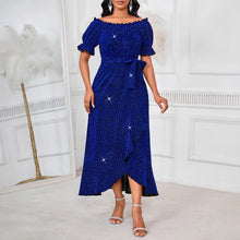 Load image into Gallery viewer, Women Solid Color Shiny off Shoulder Party Short Sleeve Waist Controlled A line Dress