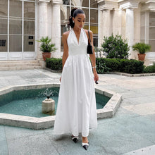 Load image into Gallery viewer, Pure Cottom Maxi Dress Spring Summer Tight Waist V neck Lace up Long Dress Large Swing Dress Women