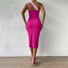 Load image into Gallery viewer, Knitted Color Contrast Patchwork Design Chest Hollow Out Cutout Cinched Sheath Dress