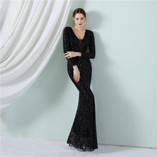 Load image into Gallery viewer, Positioning Floral Sequin Evening Dress Women Banquet Elegant Long Sleeve Sequined Queen Fishtail Dress