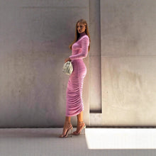 Load image into Gallery viewer, Autumn Elegant Socialite Private Clothing Stand Collar Long Sleeve Waisted Slim Fit Package Hip Pleated Niche Dress