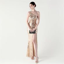 Load image into Gallery viewer, Sexy Slim Hip One Shoulder Diagonal Collar Sequin Gauze Evening Dress The Dinner Party