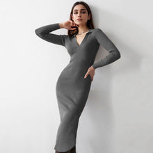 Load image into Gallery viewer, Autumn Winter Women Clothing Midi French Sexy Deep V Plunge Plunge Collared Slimming Dress