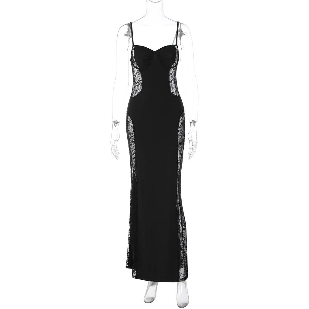 Stitching Lace Hollow Out Cutout out Cinched Slim Sexy Hip Spaghetti Straps Dress Women