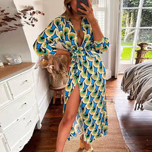 Load image into Gallery viewer, Women Clothing Autumn Sexy Slit Lace up Waist Controlled V neck Shirt Elegant Dress Women