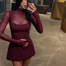 Load image into Gallery viewer, Women Clothing French Square Collar Mesh Stitching Solid Color Simple Waist Controlled A line Dress