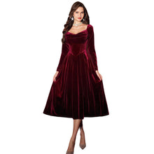 Load image into Gallery viewer, French Romantic Tea Break Wine Red Velvet Square Collar Long Sleeve Dress Autumn Winter Retro Mid Length A line Dress