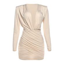 Load image into Gallery viewer, Autumn Winter Women Clothing Long Sleeve Solid Color Pleated Sexy Deep V Plunge neck Hip Sexy Dress