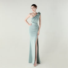 Load image into Gallery viewer, One Shoulder Three Dimensional Floral Satin Folding High Slit Sexy Evening Dress Dinner Wedding Social