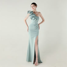 Load image into Gallery viewer, Single Shoulder Craft Beaded Nail Hair Wave Floral Satin High Slit Sexy Evening Dress Evening Cocktail Wedding