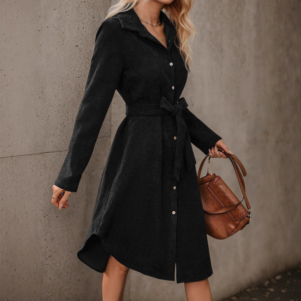 Autumn Winter Long Sleeves Corduroy Dress Front Cardigan Belt Irregular Asymmetric Shirt Dress